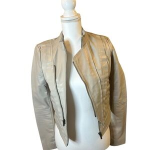 BCBG Max Azria 100% Leather Moto Jacket Cream Beige Asymmetrical Zip Fitted Chic